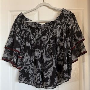 LOFT Black and Gray Paisley Blouse with Red Accents